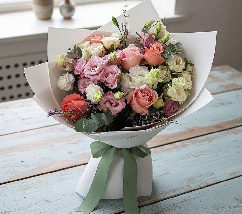 Букет цветов из: Розы, Лизиантусы и Гвоздики в Иванино