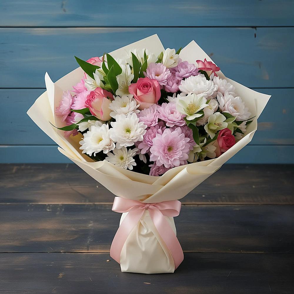 Букет цветов из: Хризантемы, Альстромерии и Розы в Иванино